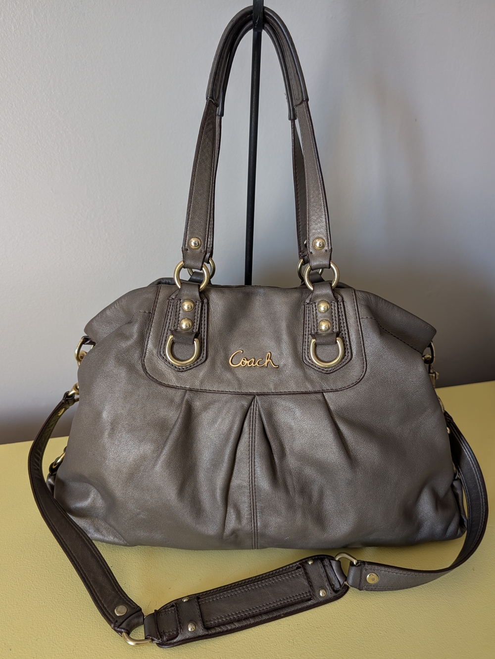 Coach Ashley Pleated Metallic Leather Satchel Crossbody Pewter F15513